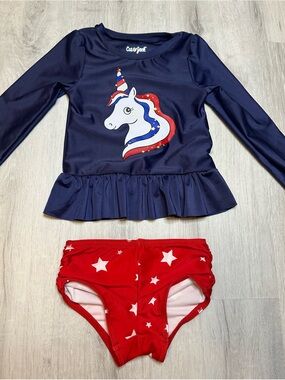 Kids - 3 for $10 - Cat & Jack Navy Unicorn Sun Guard Top & Red Star Swim Bottoms
